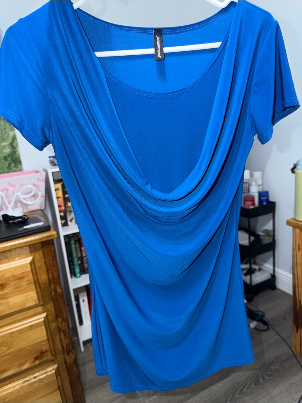 Draped Cowl Neck Short Sleeve Top in Vivid Blue